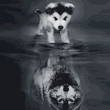 Puppy sees wolf reflection in water symbolic painting