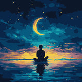 Silhouetted figure meditating on water under a glowing crescent moon and twilight sky, featured in the A Soul at Peace paint by numbers kit.