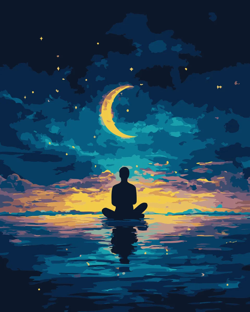 Silhouetted figure meditating on water under a glowing crescent moon and twilight sky, featured in the A Soul at Peace paint by numbers kit.