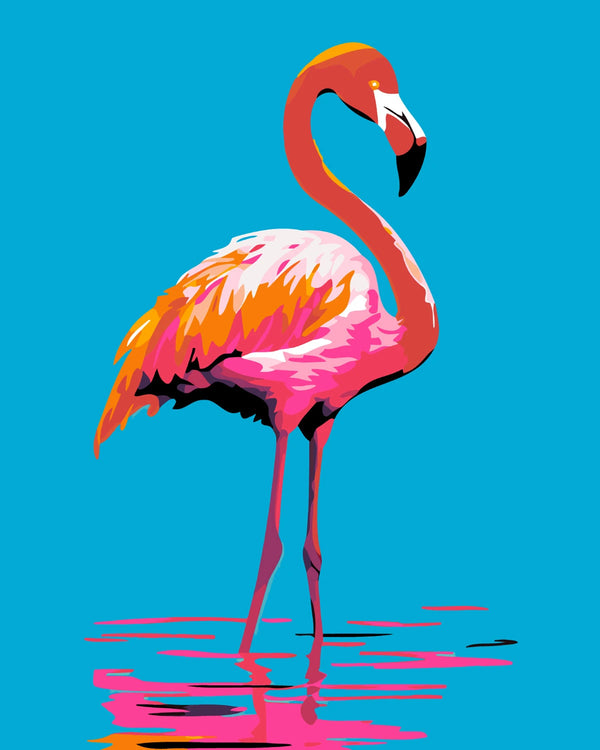 Colorful pop art painting of a flamingo standing in water