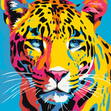 Colorful pop art painting of a jaguar with vibrant blue eyes