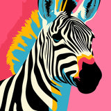 Colorful pop art painting of a zebra with a vibrant background