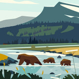 Painting of a bear and cubs crossing a river in nature