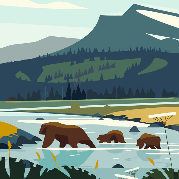 Painting of a bear and cubs crossing a river in nature