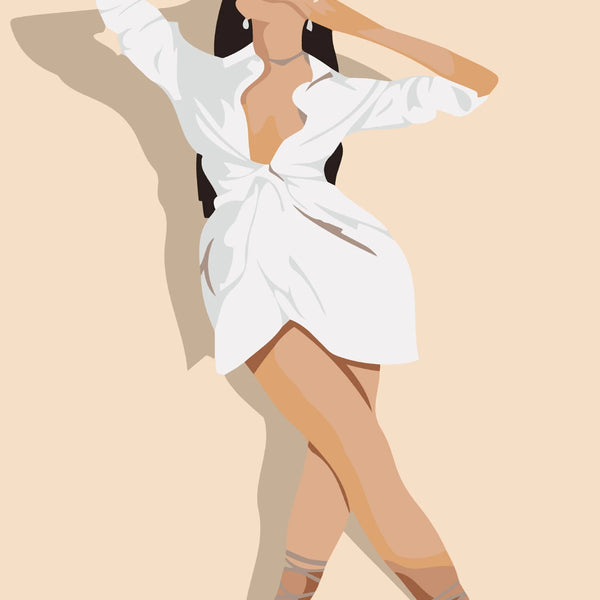 Minimalist painting of a stylish woman in a white dress