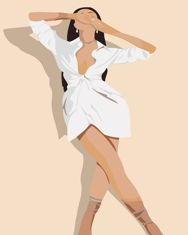 Minimalist painting of a stylish woman in a white dress