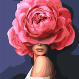 Surreal painting of a woman with a large pink rose hat