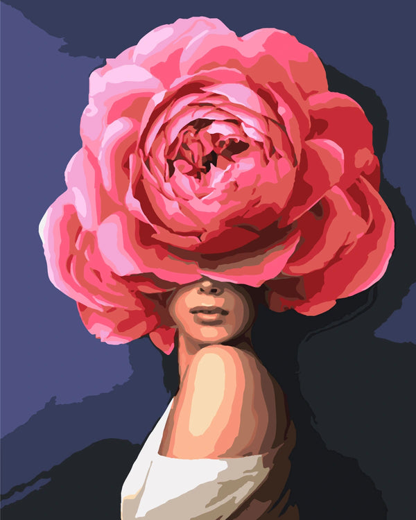 Surreal painting of a woman with a large pink rose hat