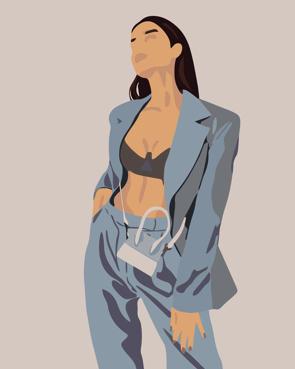 Minimalist painting of a stylish woman in a blue suit