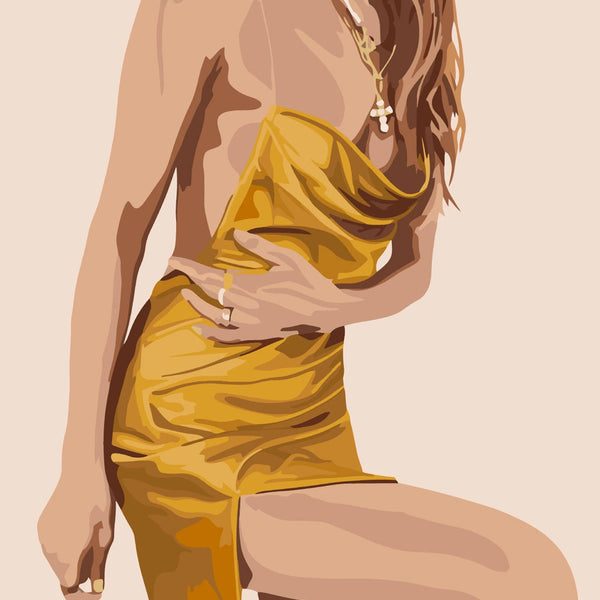 Minimalist painting of a stylish woman in a gold dress