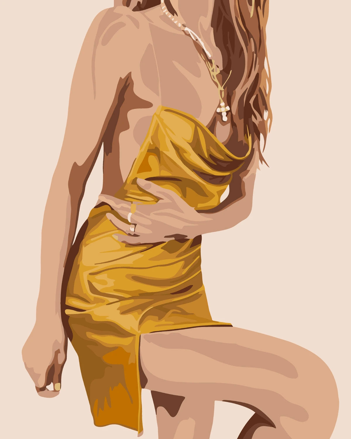 Minimalist painting of a stylish woman in a gold dress