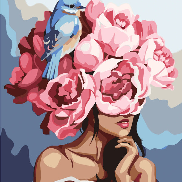 Surreal painting of a woman with flowers and a bluebird