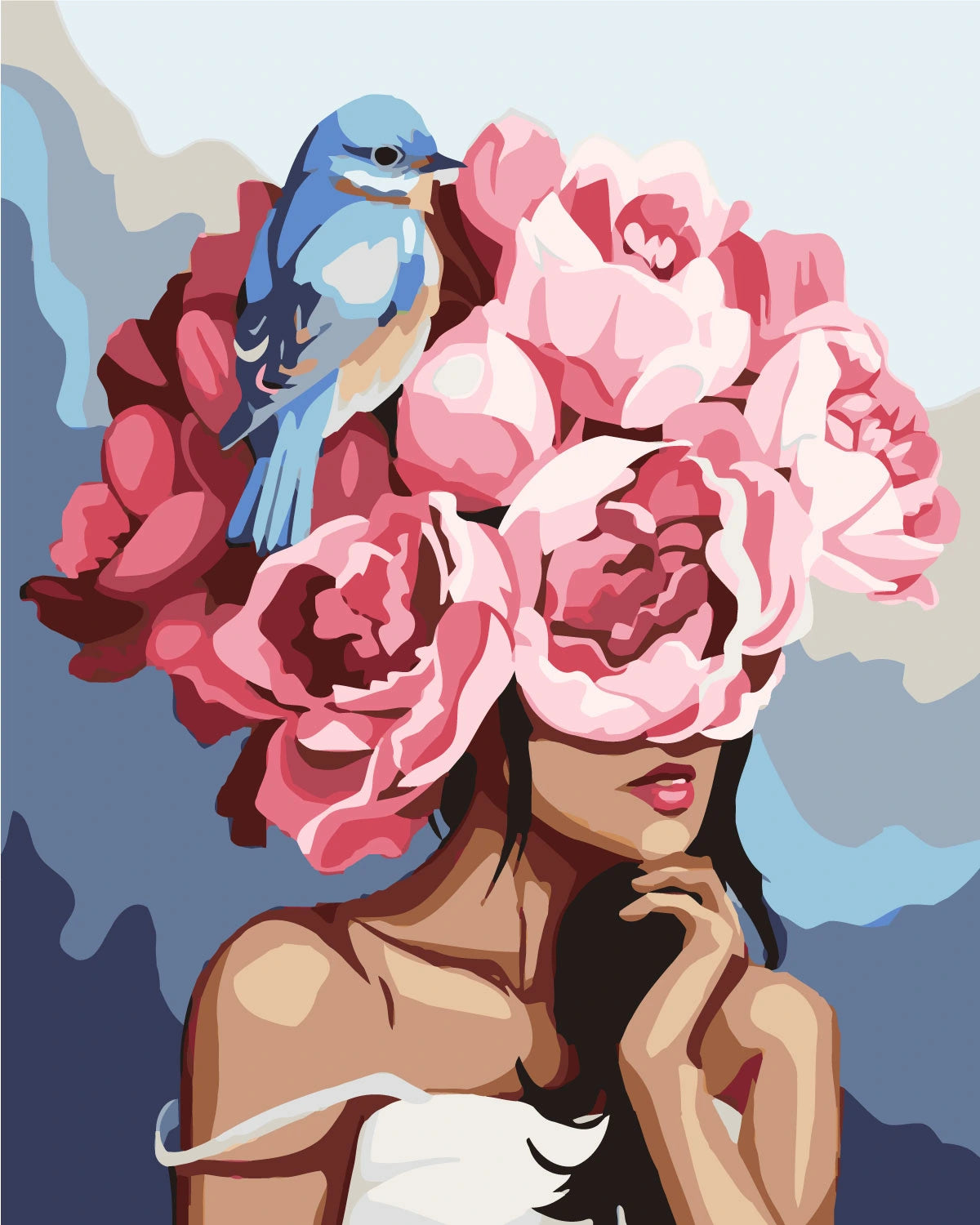Surreal painting of a woman with flowers and a bluebird