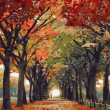 Autumn pathway lined with colorful trees and fallen leaves
