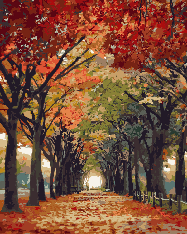 Autumn pathway lined with colorful trees and fallen leaves