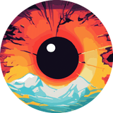 Surreal eye painting blending fiery sky and icy mountain landscape