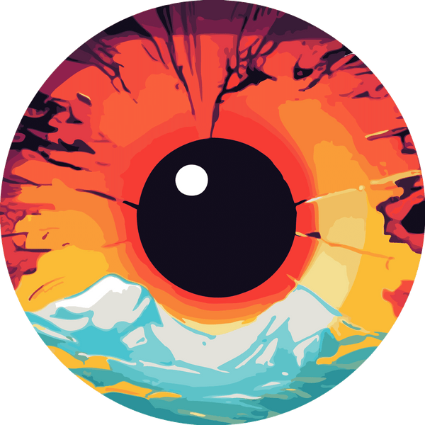 Surreal eye painting blending fiery sky and icy mountain landscape