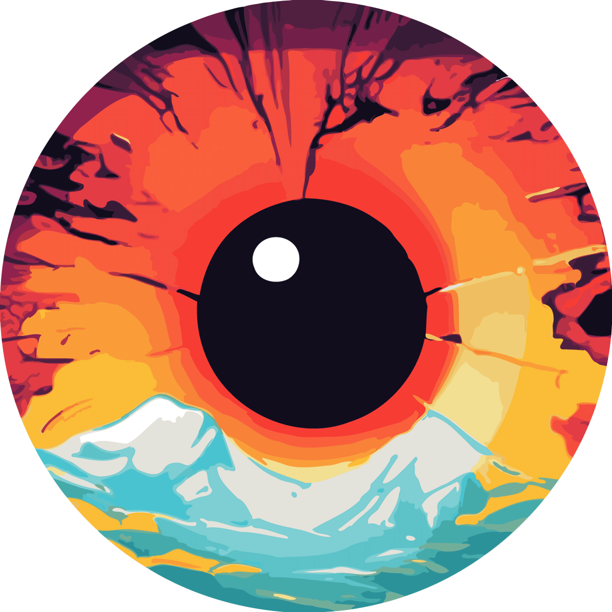 Surreal eye painting blending fiery sky and icy mountain landscape