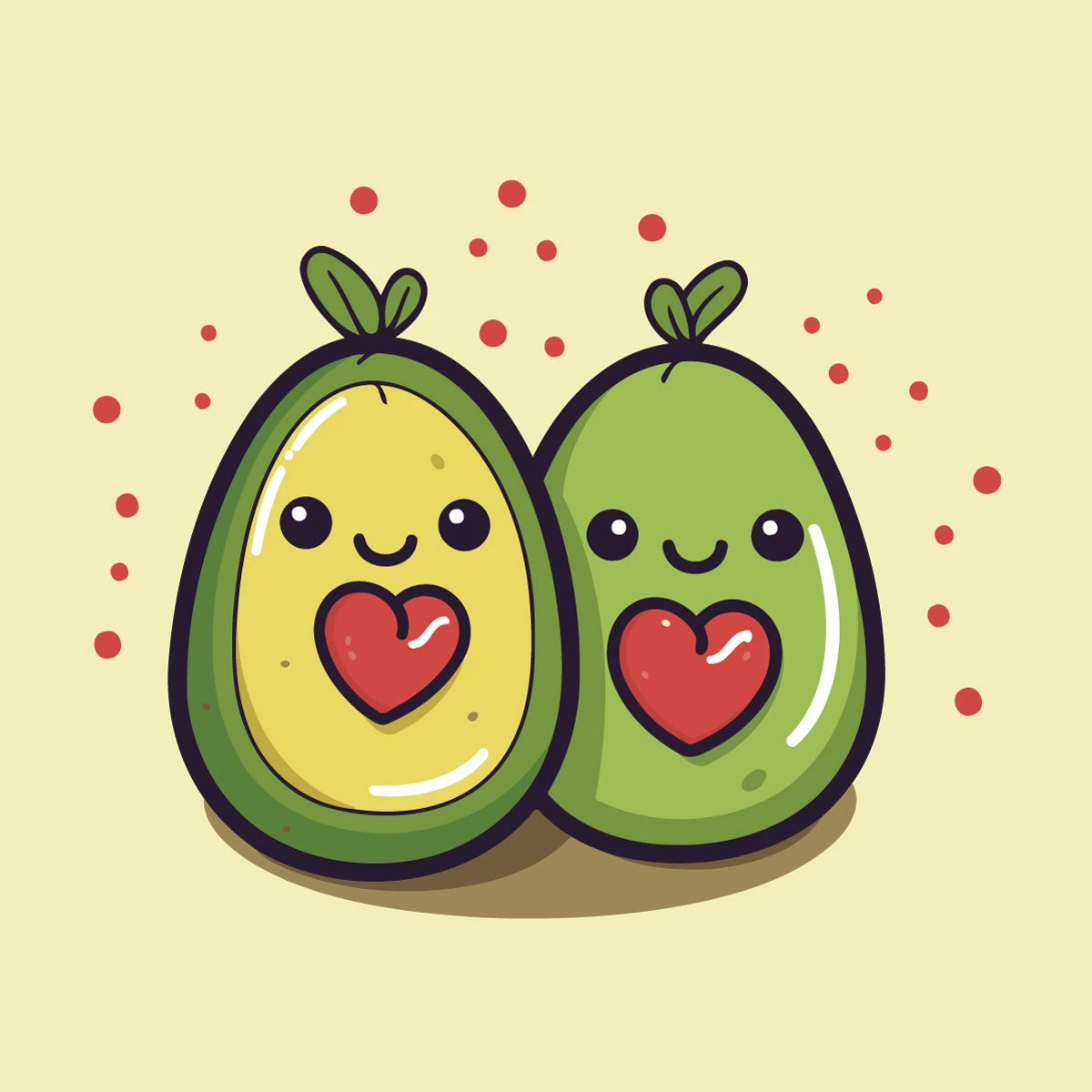 Cute avocado couple painting with smiling faces and heart pits