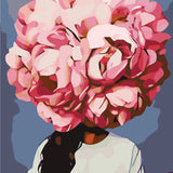 Surreal painting of a woman with a giant pink flower head