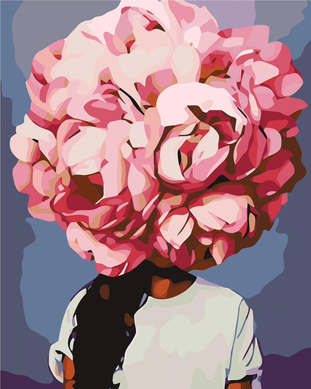 Surreal painting of a woman with a giant pink flower head