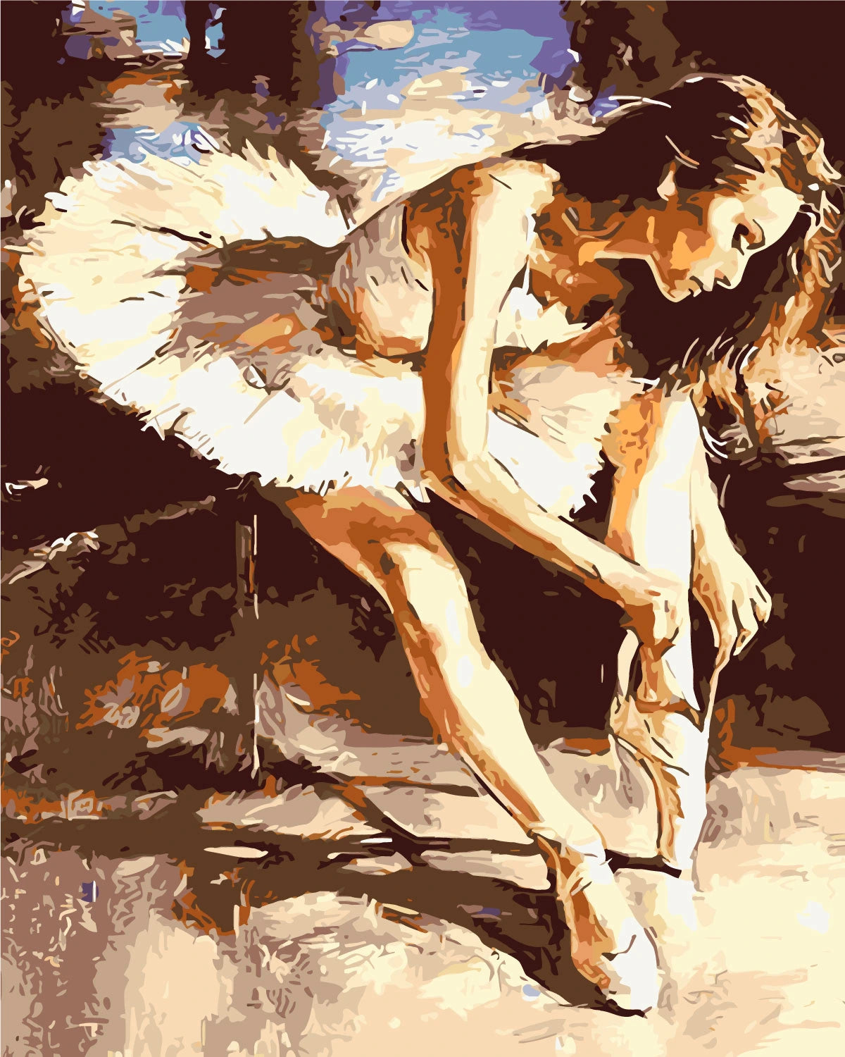 Elegant painting of a ballerina tying her pointe shoes backstage