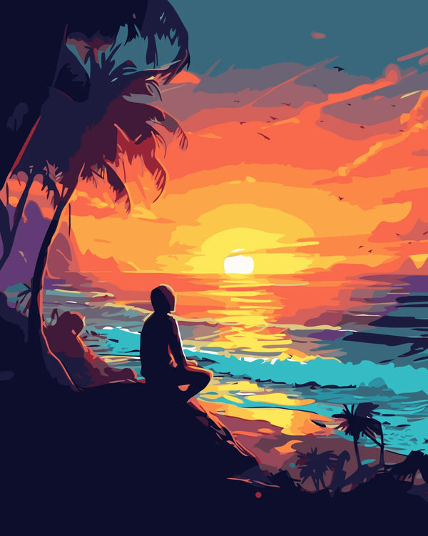 Silhouette of person meditating on cliff overlooking ocean sunset