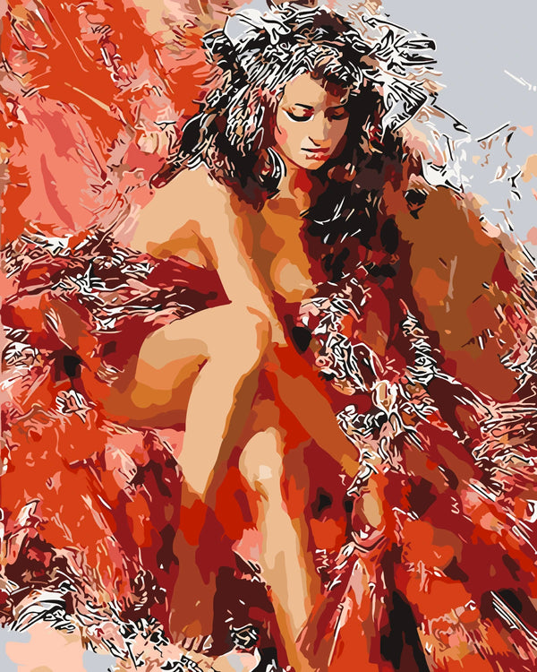 Elegant woman in red feathered gown with expressive artistic details