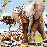 Elephant and giraffe cuddling in a vibrant African savanna