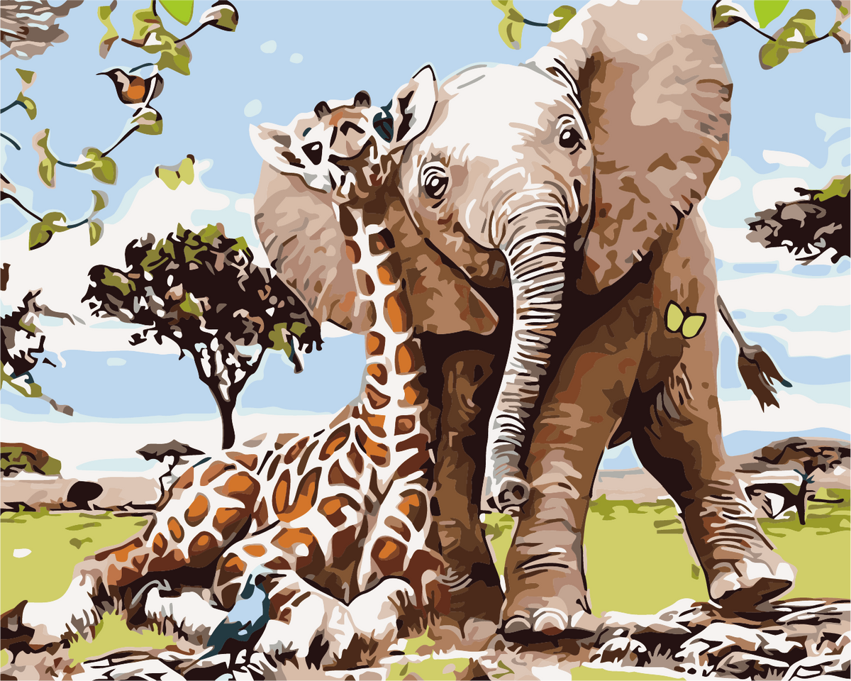 Elephant and giraffe cuddling in a vibrant African savanna