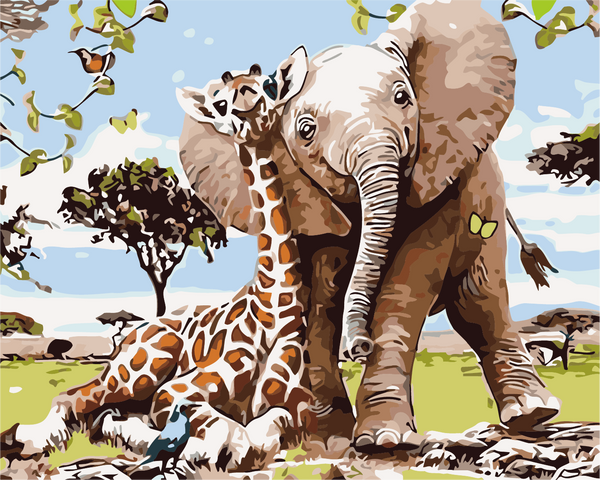 Elephant and giraffe cuddling in a vibrant African savanna