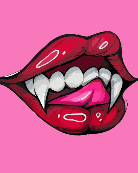 Close-up of glossy red vampire lips with sharp fangs and pink tongue on a hot pink background, designed by Kalinina for the Blood Kiss paint by numbers kit.