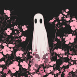 Ghost figure in floral field with dark background aesthetic painting