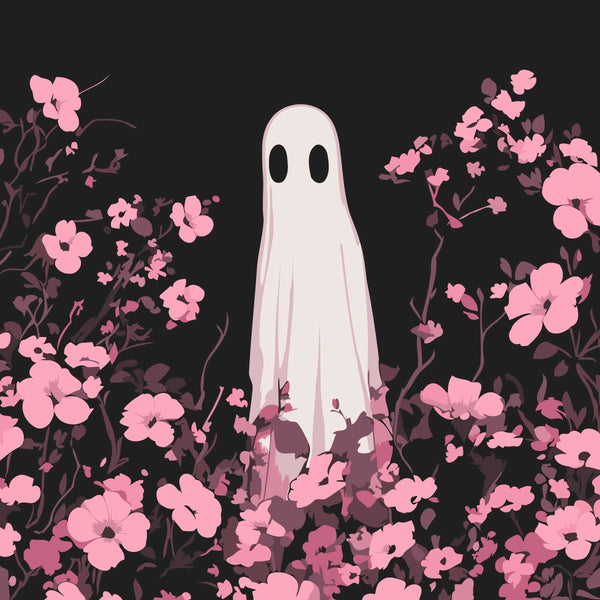 Ghost figure in floral field with dark background aesthetic painting