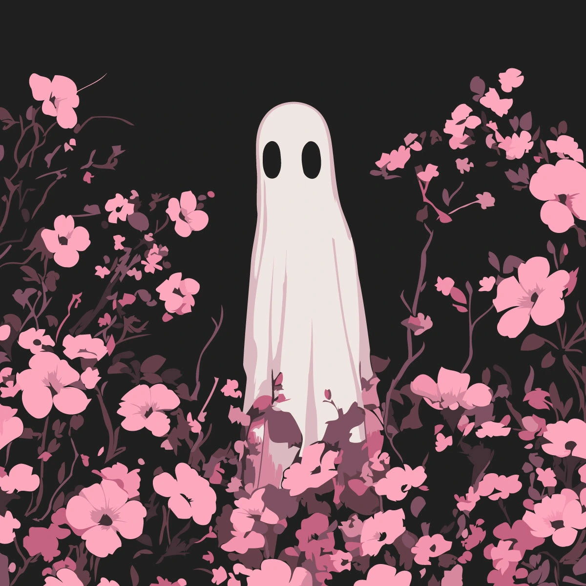 Ghost figure in floral field with dark background aesthetic painting