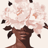 Woman with large blooming flowers covering her eyes painting