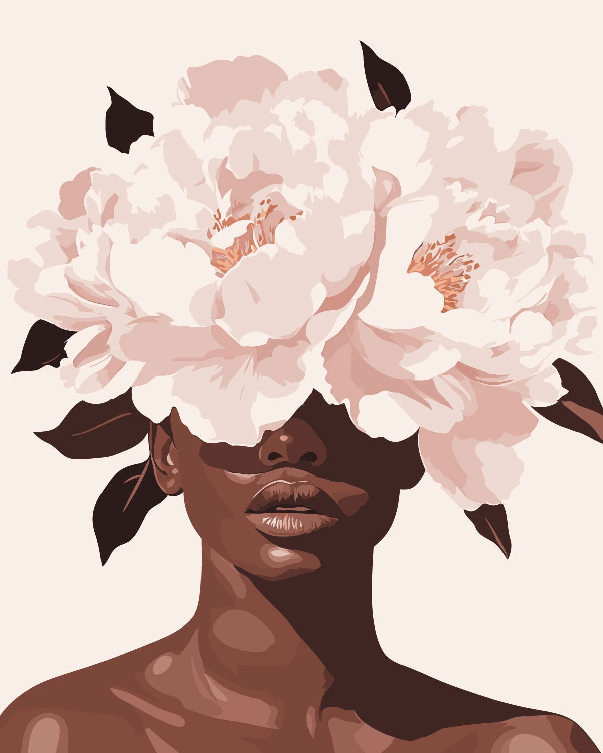 Woman with large blooming flowers covering her eyes painting