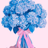 Blue hydrangea bouquet tied with a pink ribbon painting