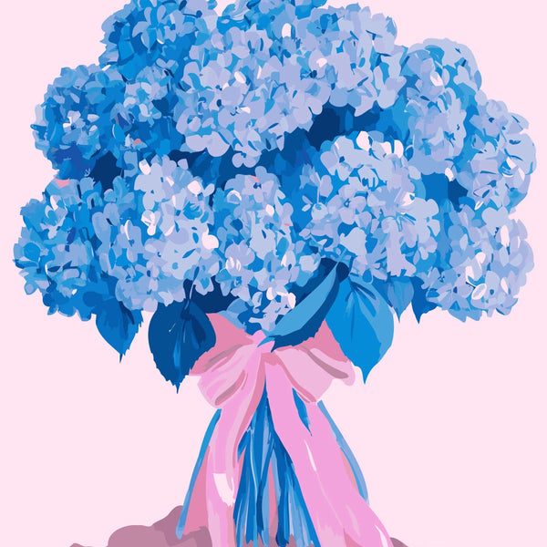 Blue hydrangea bouquet tied with a pink ribbon painting