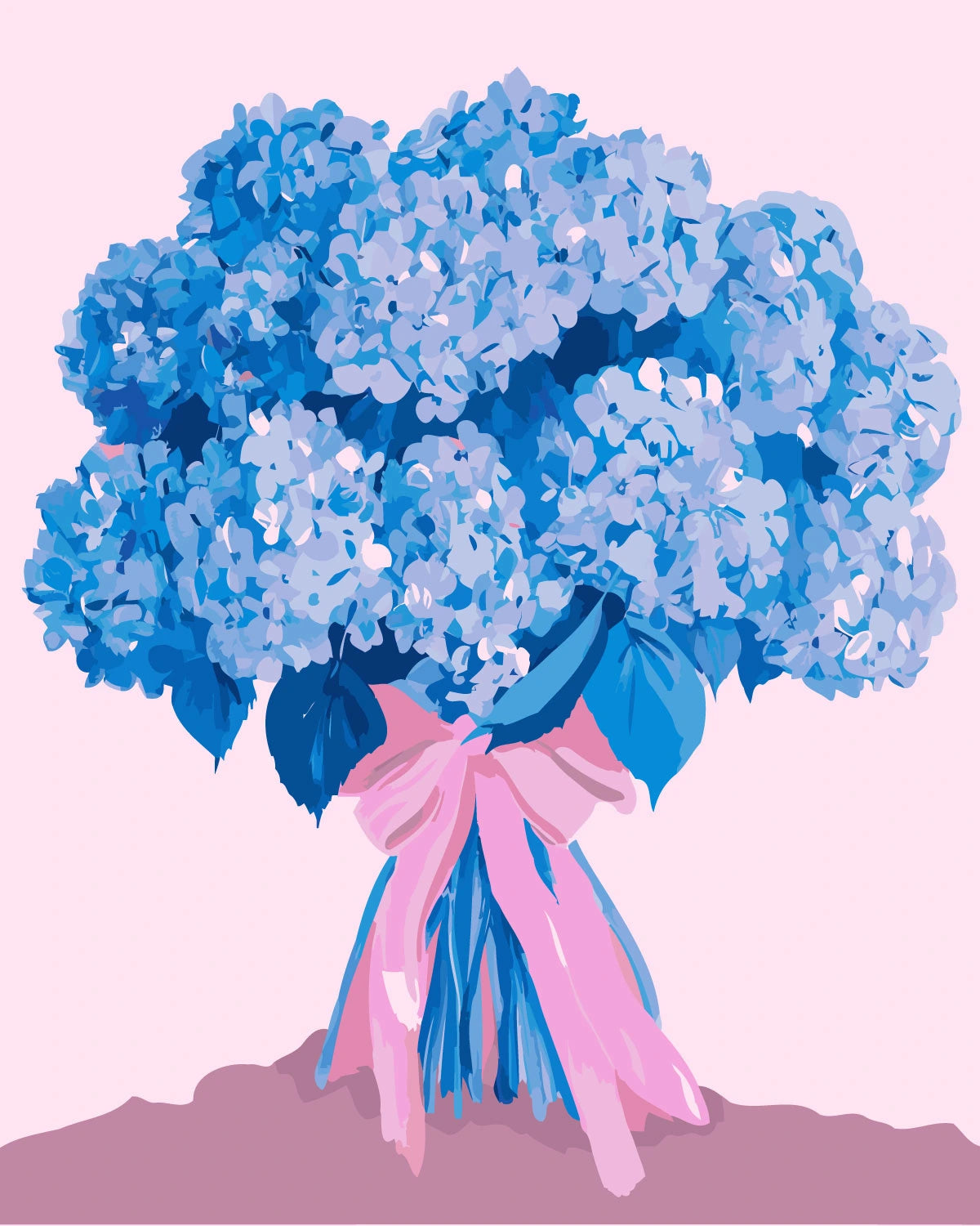 Blue hydrangea bouquet tied with a pink ribbon painting