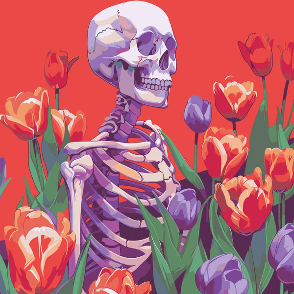 Skeleton surrounded by vibrant tulips against a bold red background