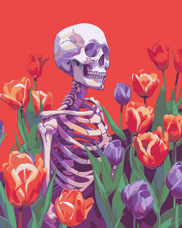 Skeleton surrounded by vibrant tulips against a bold red background
