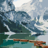 Mountain lake painting with wooden boats and scenic reflections