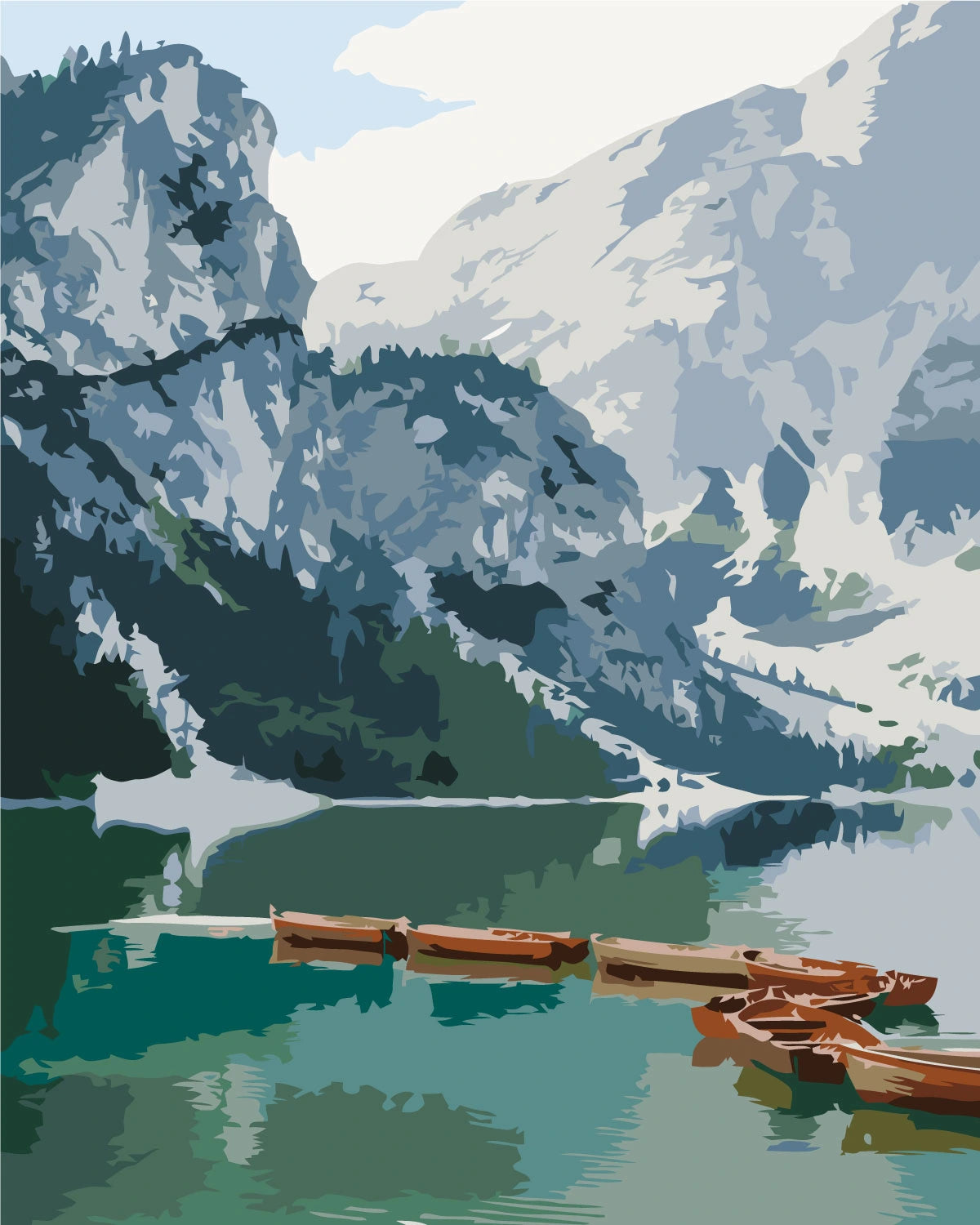 Mountain lake painting with wooden boats and scenic reflections