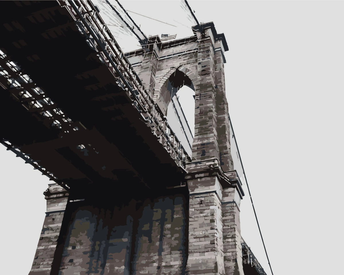 Painting of Brooklyn Bridge from a low-angle perspective in grayscale