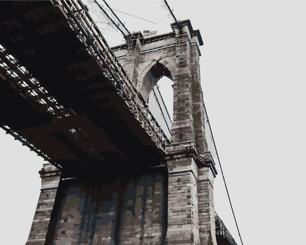 Painting of Brooklyn Bridge from a low-angle perspective in grayscale
