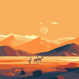 Painting of a desert landscape with mountains, deer, and a sunset