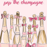 Elegant champagne bottles with pink bows and celebratory text