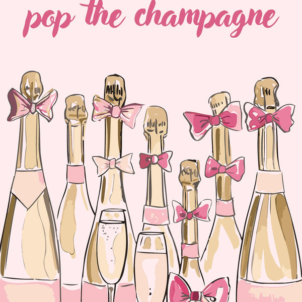 Elegant champagne bottles with pink bows and celebratory text