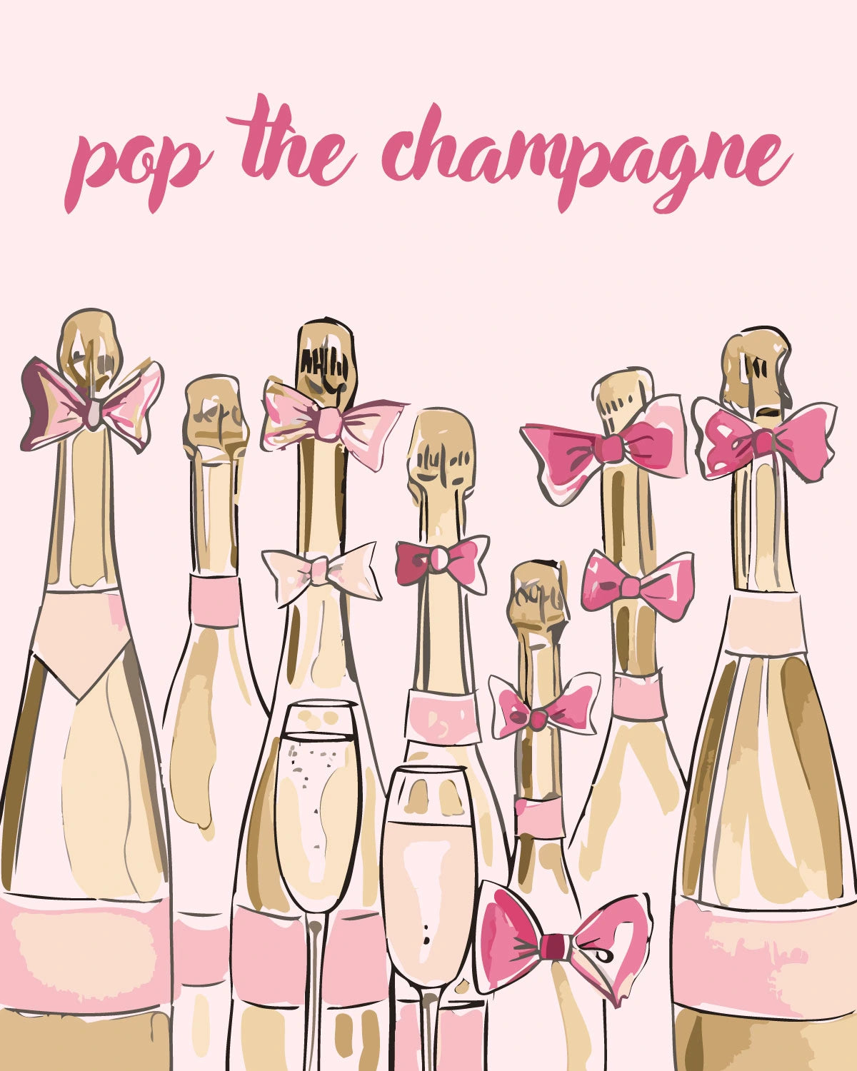 Elegant champagne bottles with pink bows and celebratory text